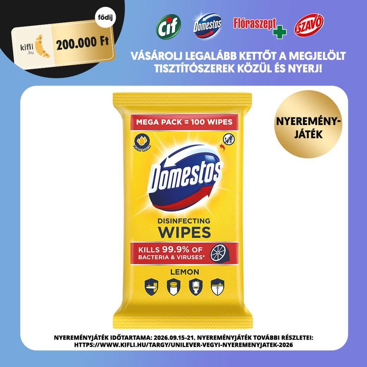 Domestos Lemon fertőtlenítő hatású higiénikus törlőkendő, 100 db